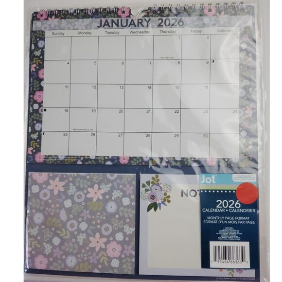 JOT 2026 Spiral Wall Calendar W/ Notes & Shopping List Notepad Purple Floral NEW - Picture 2 of 11